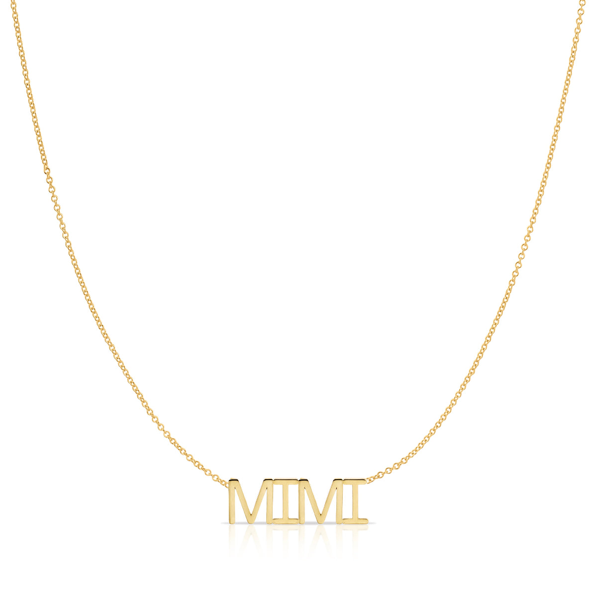 A MIMI Necklace in yellow gold on a cable chain on a white background.