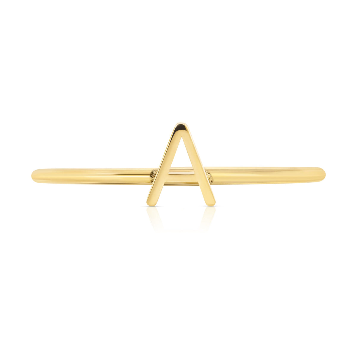 A yellow gold mini letter A ring on a white background. 