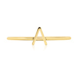 A yellow gold mini letter A ring on a white background. 