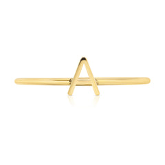 A yellow gold mini letter A ring on a white background. 