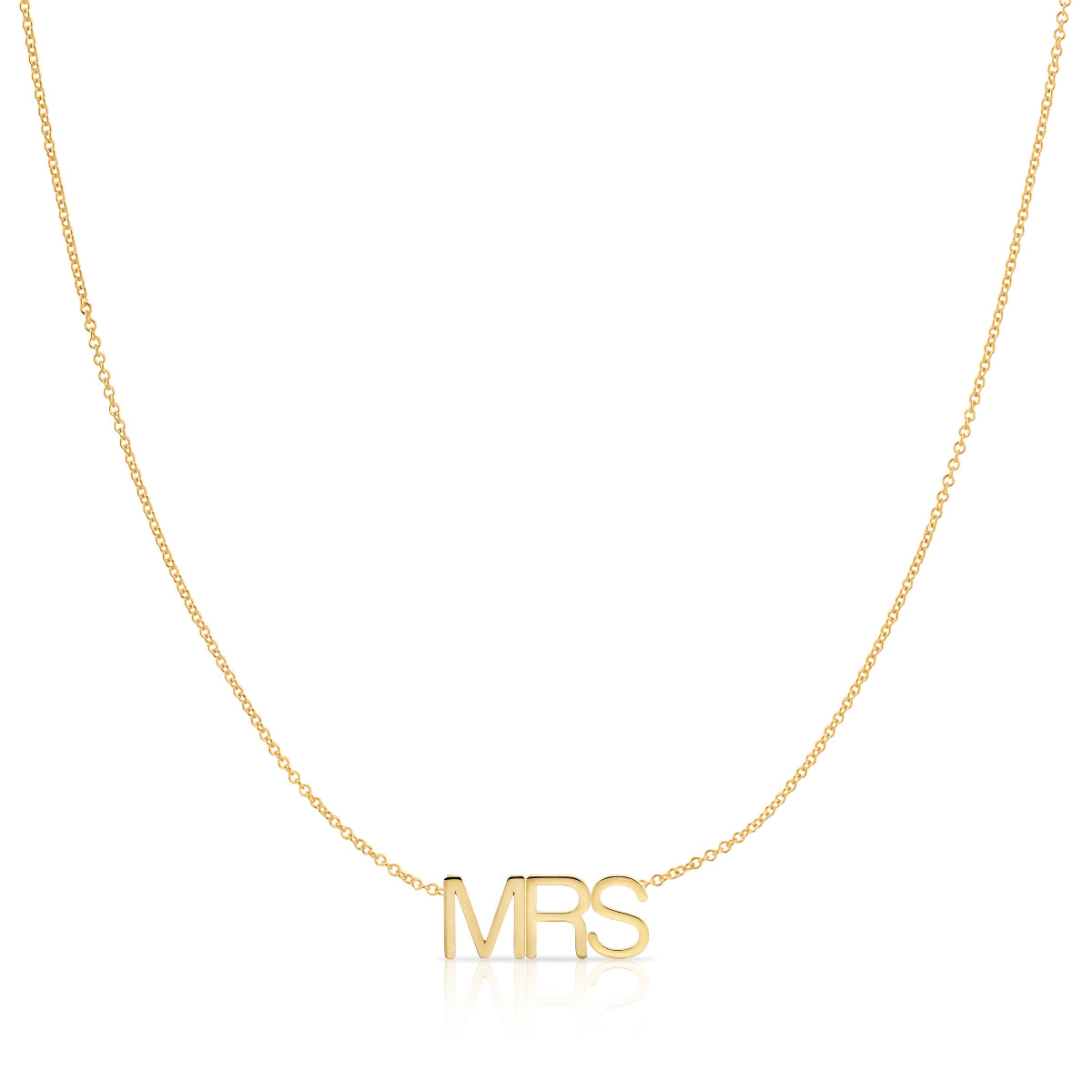 A MRS Necklace in yellow gold on a cable chain on a white background. 