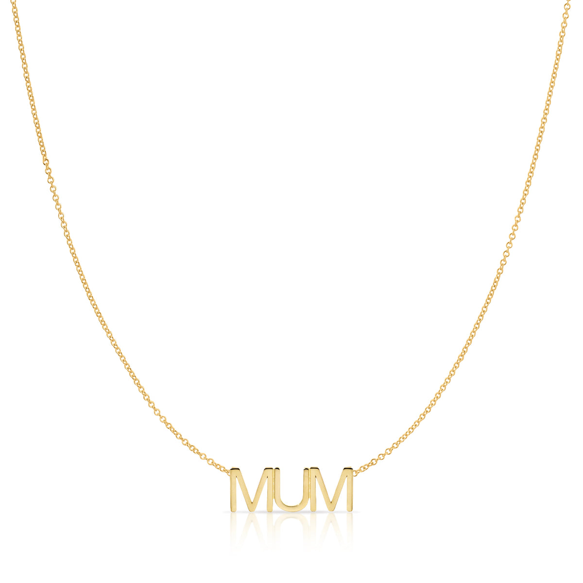 A MUM Necklace in yellow gold on a cable chain on a white background. 