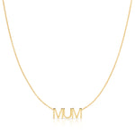 A MUM Necklace in yellow gold on a cable chain on a white background. 