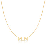 A MUM Necklace in yellow gold on a cable chain on a white background. 