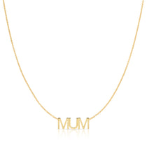 A MUM Necklace in yellow gold on a cable chain on a white background. 
