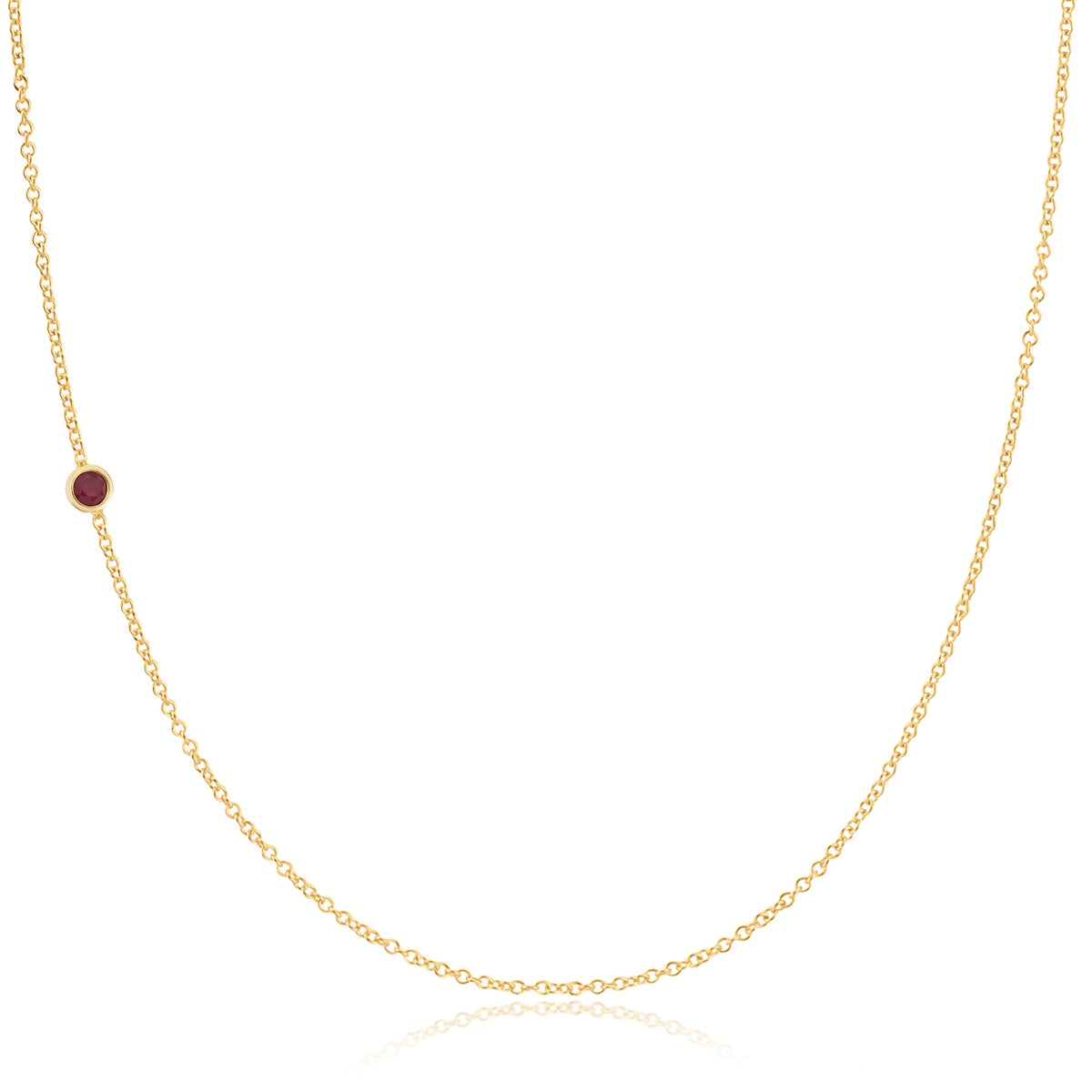A yellow gold 14K Gold Asymmetrical Birthstone Necklace - Ruby (July) on a white background. 