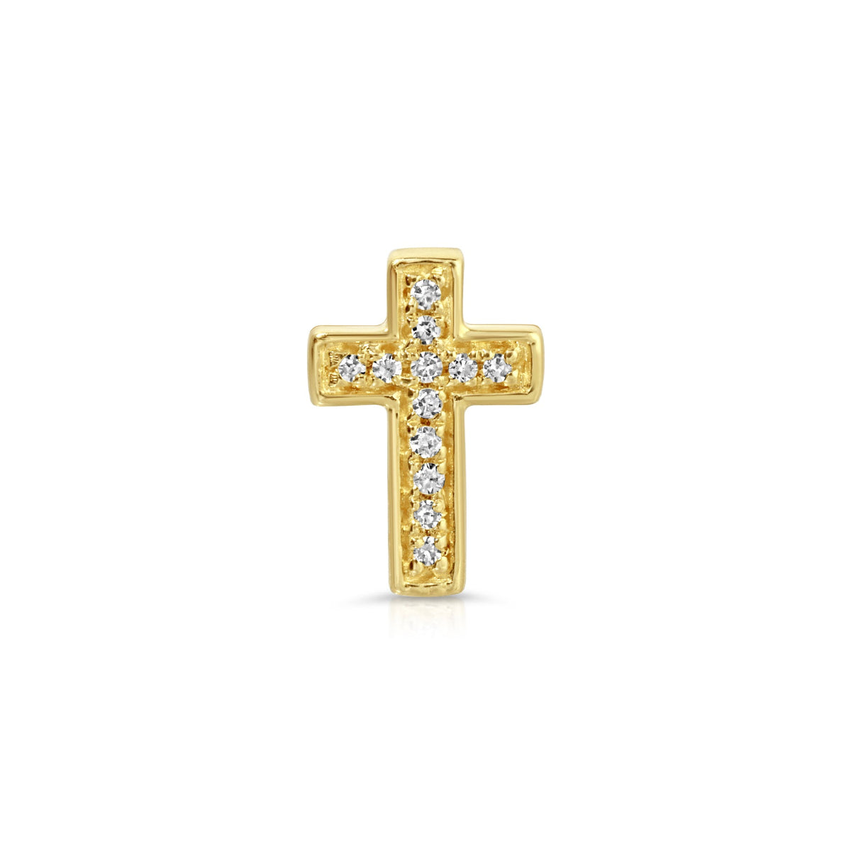 A Pavé Charm Stud - Cross in yellow gold on a white background. 
