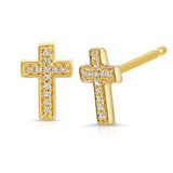 A pair of Pavé Charm Studs - Cross in yellow gold on a white background. 