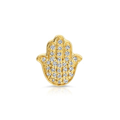A Pavé Charm Stud - Hamsa in yellow gold on a white background.