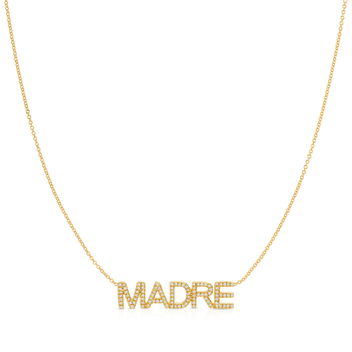 A Pavé 'Madre' Necklace in yellow gold on a cable chain on a white background.