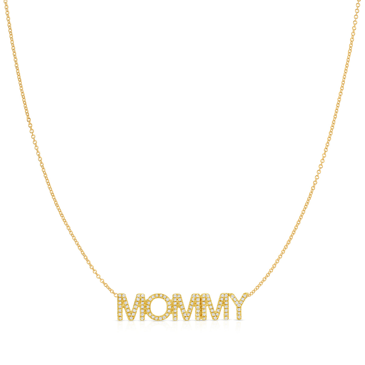 A Pavé MOMMY Necklace in yellow gold on a cable chain on a white background. 