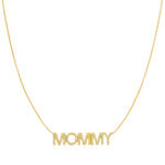 A Pavé MOMMY Necklace in yellow gold on a cable chain on a white background. 