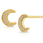 A pair of Pavé Charm Studs - Moon in yellow gold on a white background.