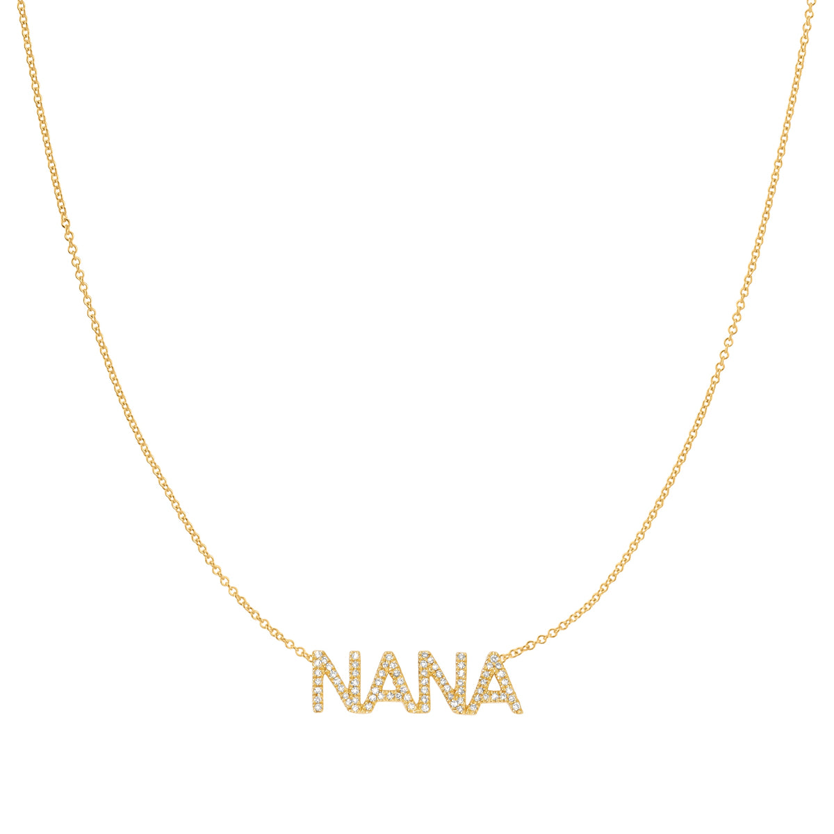 A Pavé 'NANA' Necklace in yellow gold on a cable chain on a white background.