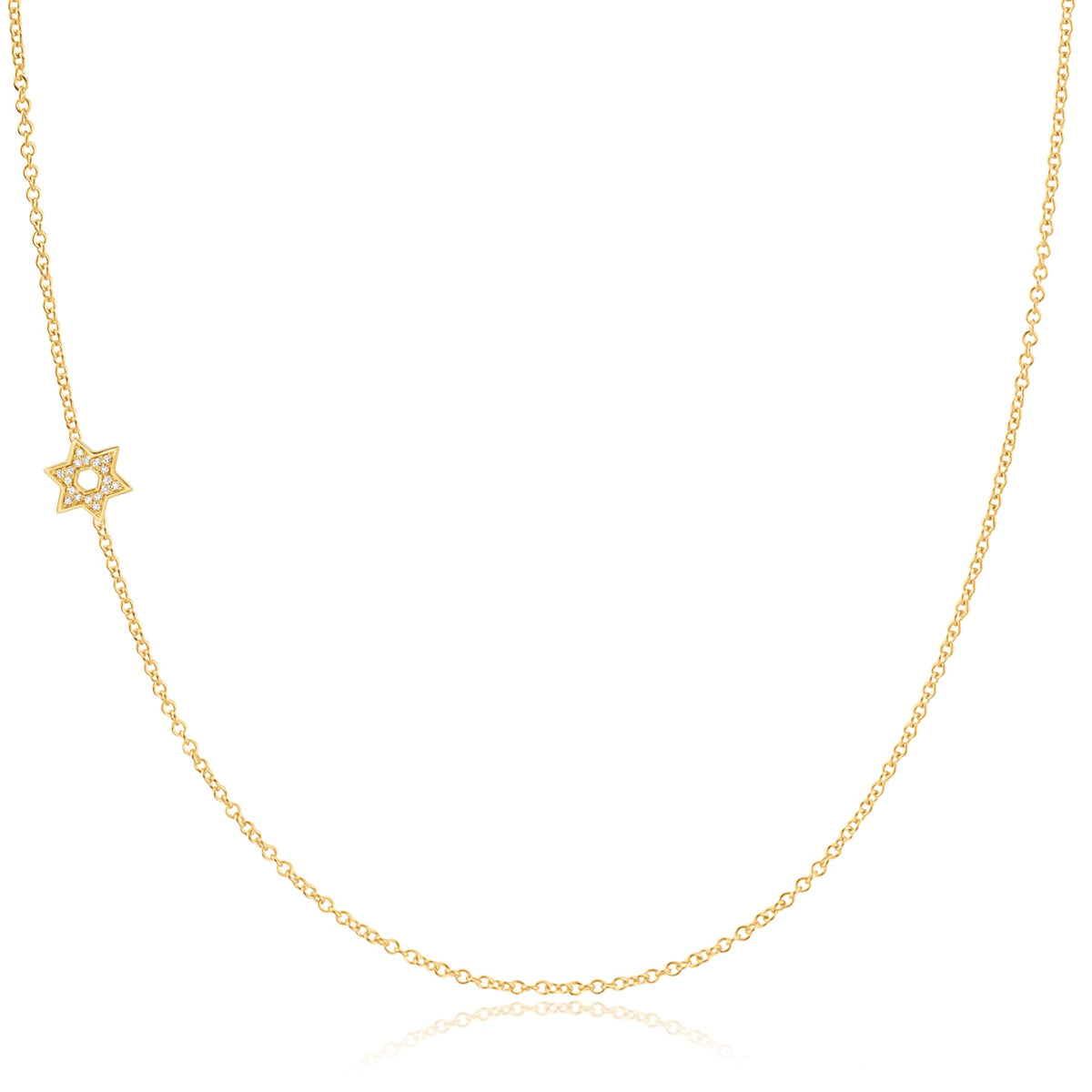 A yellow gold 14k Gold Asymmetrical Charm Necklace - Pavé Star of David with a cable chain on a white background. 