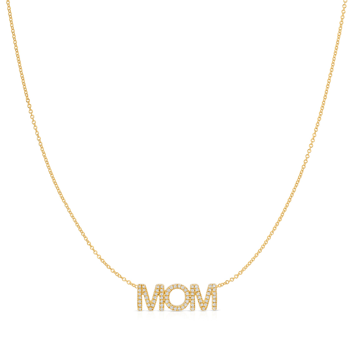 A Pavé MOM Necklace in yellow gold on a  cable chain on a white background. 

