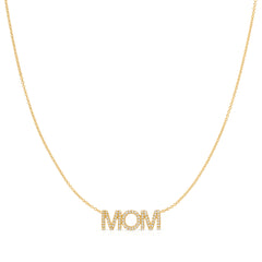 A Pavé MOM Necklace in yellow gold on a  cable chain on a white background. 
