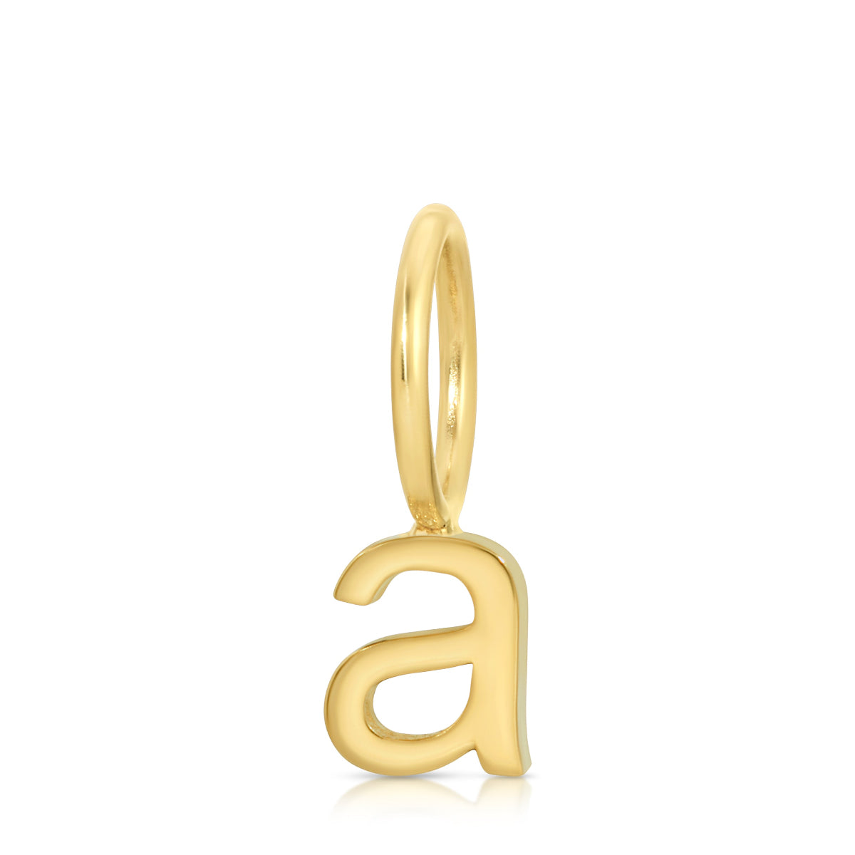 A yellow gold Petite Letter Charm in the lowercase letter a on a white background.