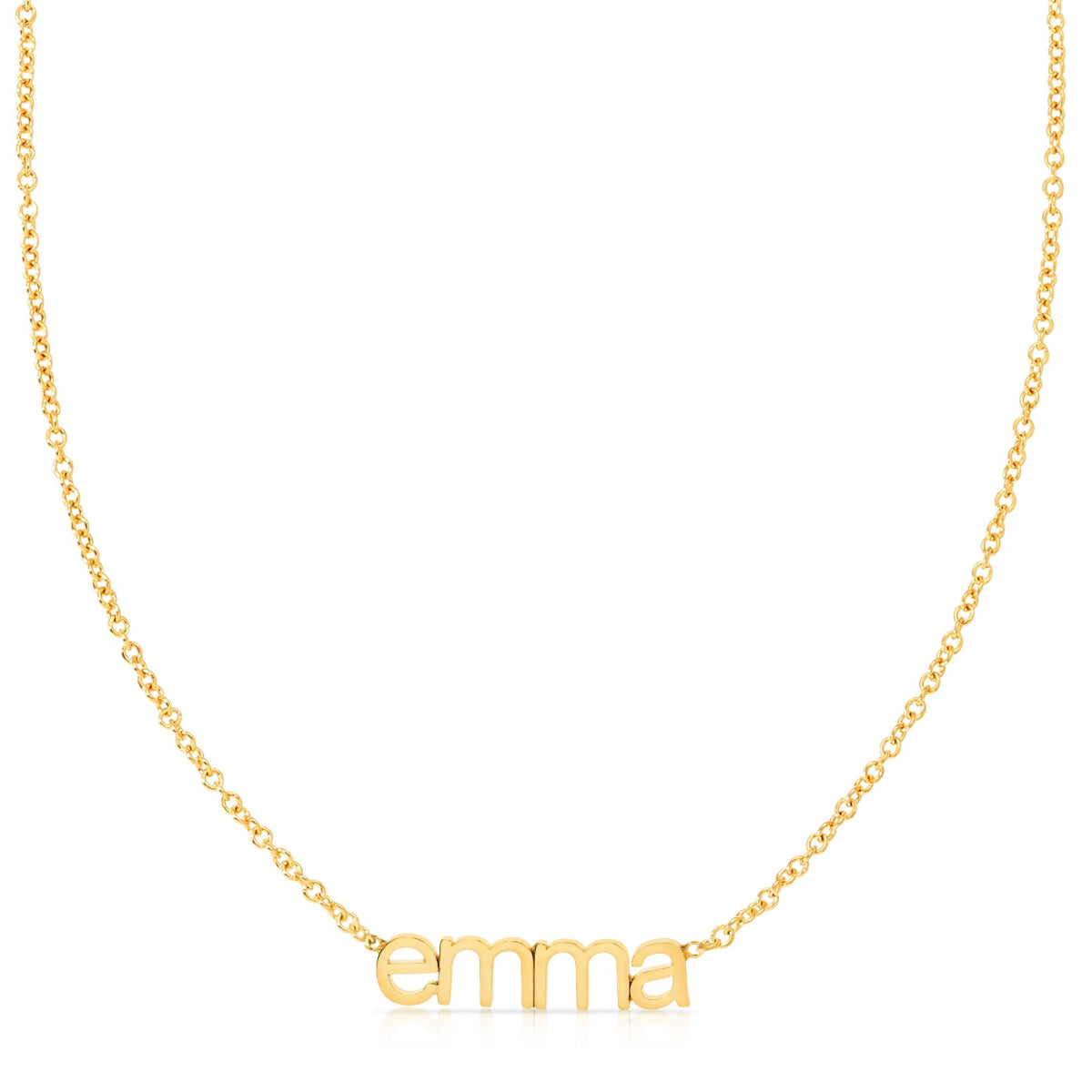 A yellow gold Petite Nameplace Necklace with the name 'emma' on a white background. 