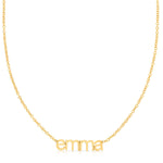 A yellow gold Petite Nameplace Necklace with the name 'emma' on a white background. 