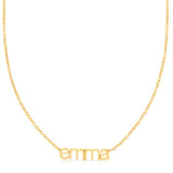 A yellow gold Petite Nameplace Necklace with the name 'emma' on a white background. 