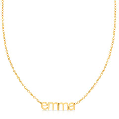 A yellow gold Petite Nameplace Necklace with the name 'emma' on a white background. 
