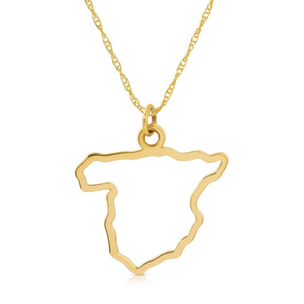 A Spain pendant necklace in yellow gold on a white background.