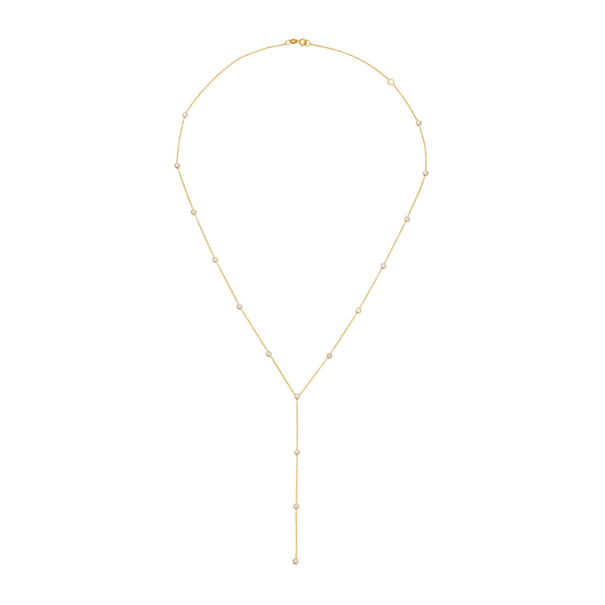 A Starstruck Diamond Lariat necklace in yellow gold on a white background. 