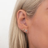Close-up of two Charm Studs in Angel Wing, one in white gold and one in yellow gold, in a blonde woman's ear against a light grey background.  