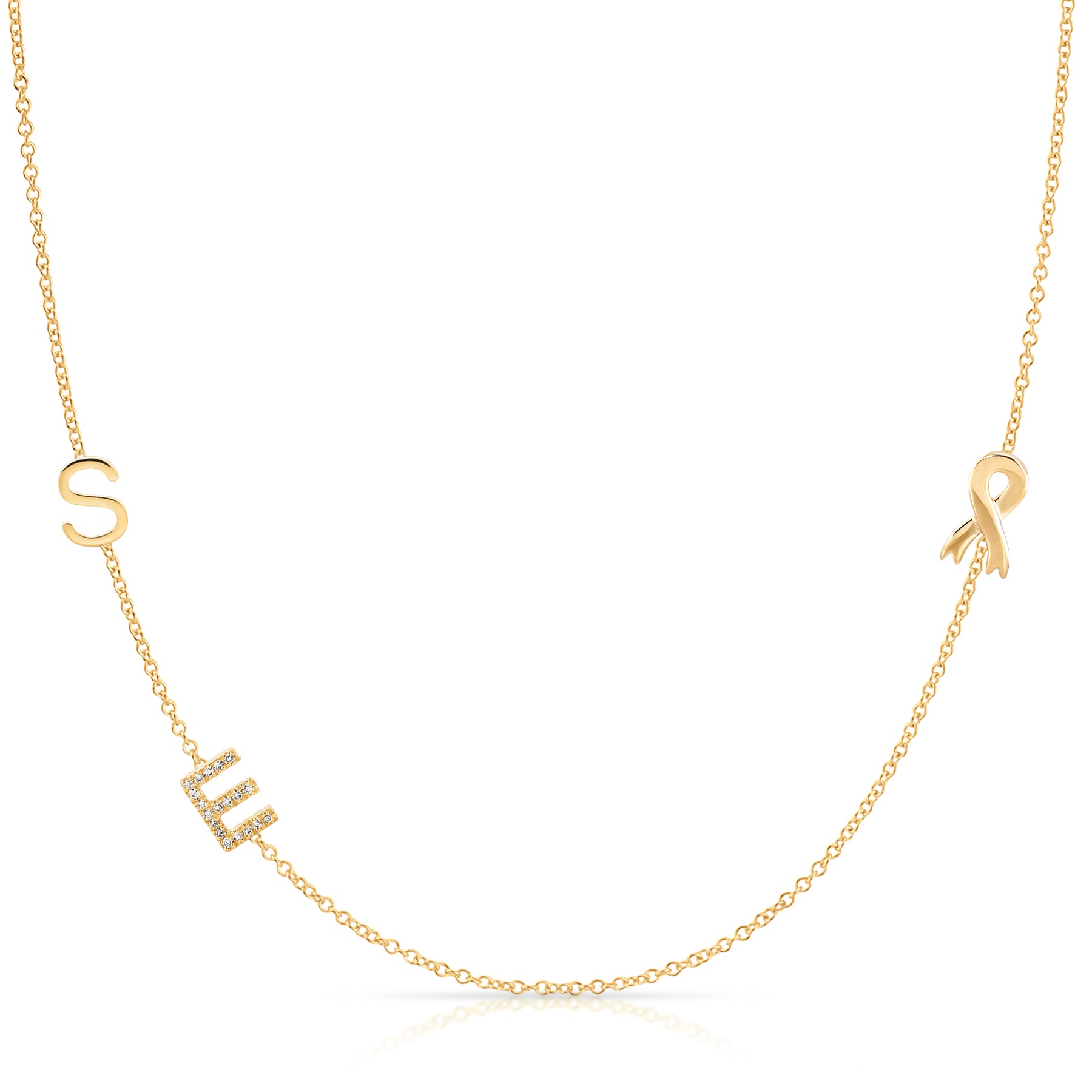 Gold necklace with 'SUE' pendant on a white background