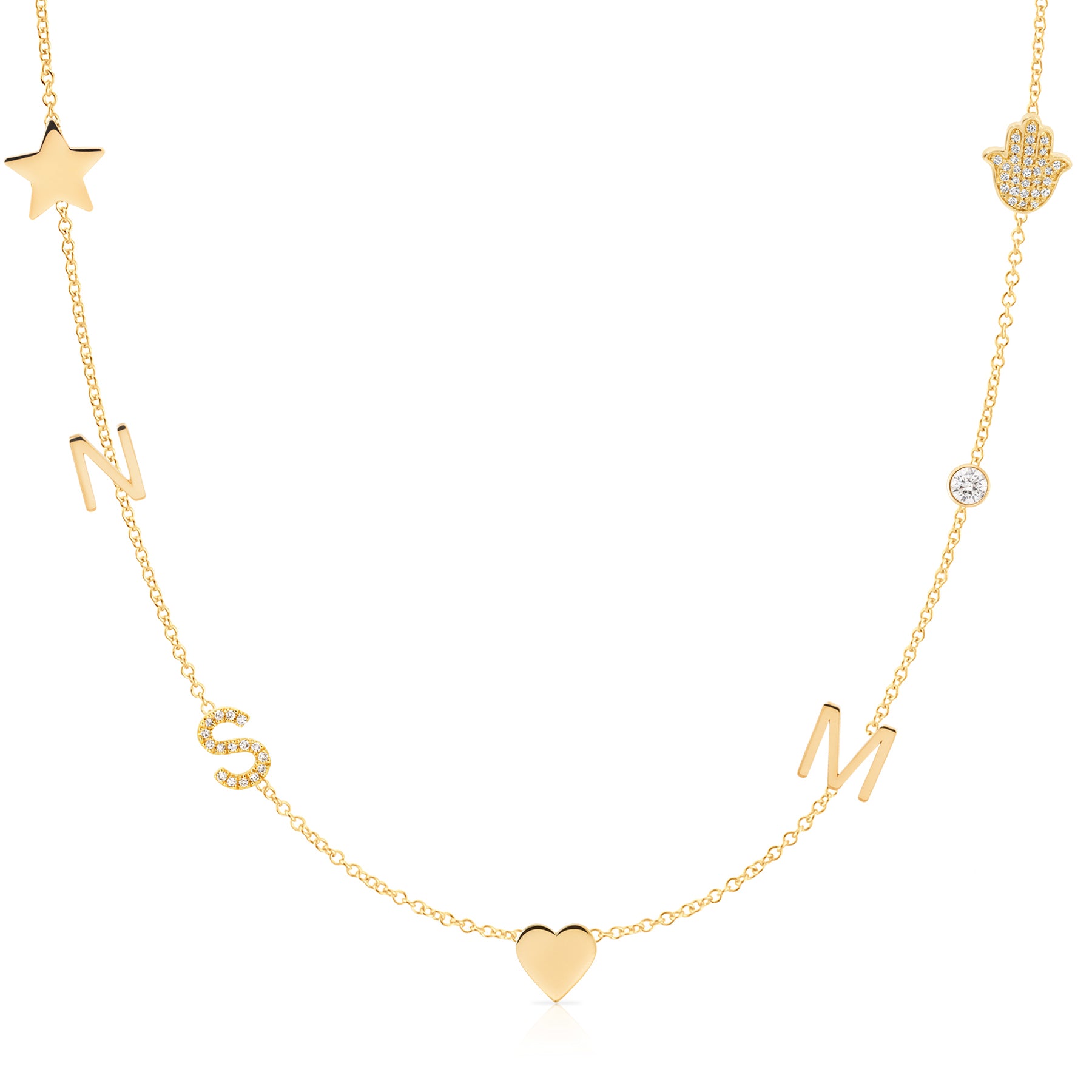 Gold necklace with various charms including a star, heart, and hand on a white background