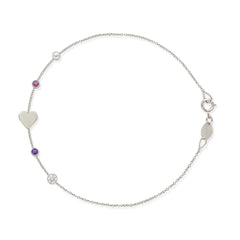 white gold bracelet with heart and birthstone and diamond charms on a white background