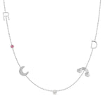Necklace with various charms including a moon, rainbow, and letter 'R' on a white background