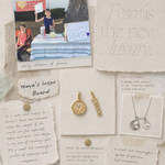 Inspiration board with jewelry, quotes, and photos on a textured surface