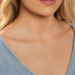 Close-up of a woman's neck wearing a gold necklace with a letter F charm. 