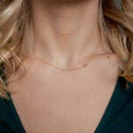 Close-up of a person wearing a delicate gold necklace with a Letter S charm.
