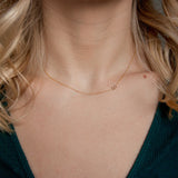 Close-up of a person wearing a delicate gold necklace with a Letter S charm.
