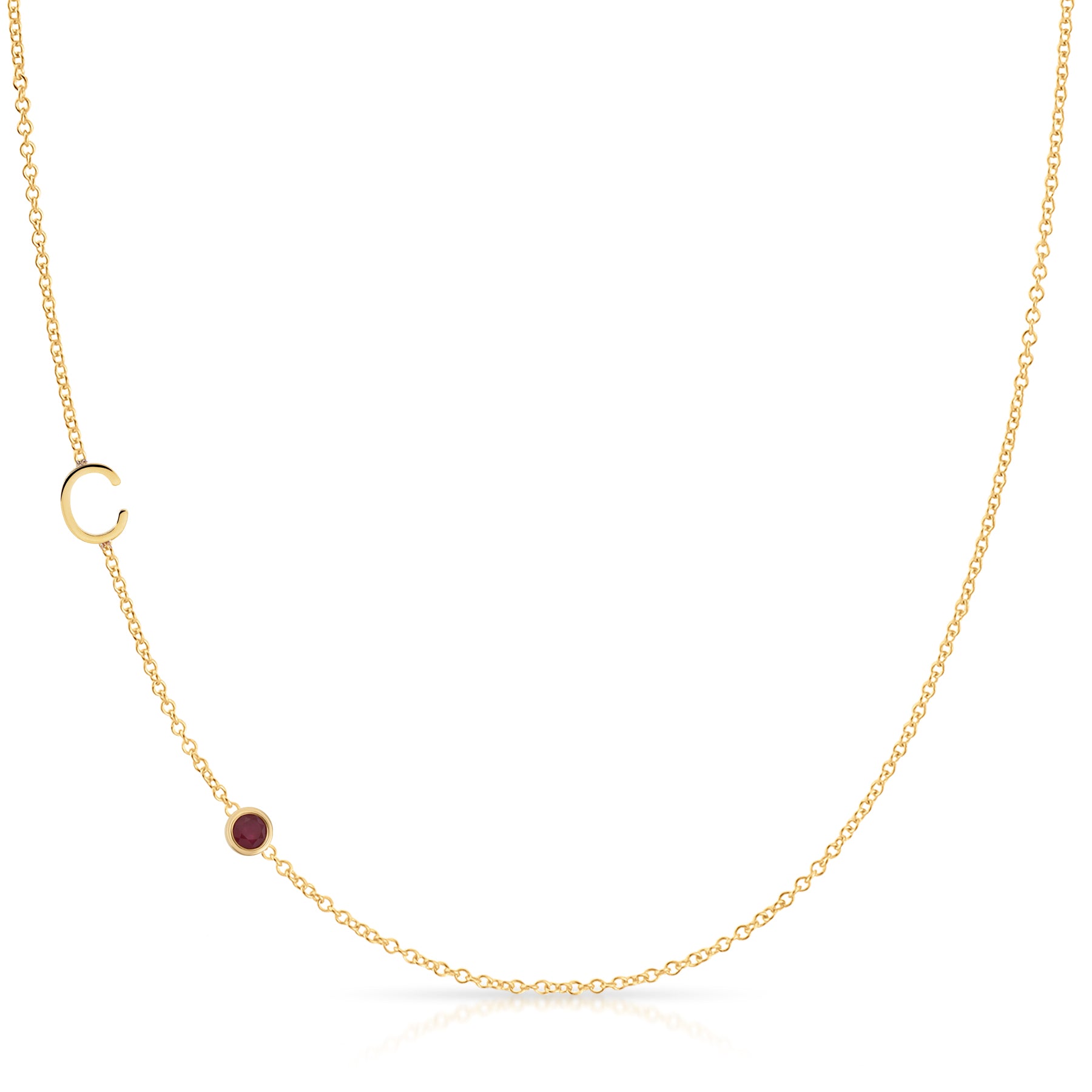 Monogram Necklace with Ruby Birthstone Initial C in Yellow Gold | Maya Brenner
