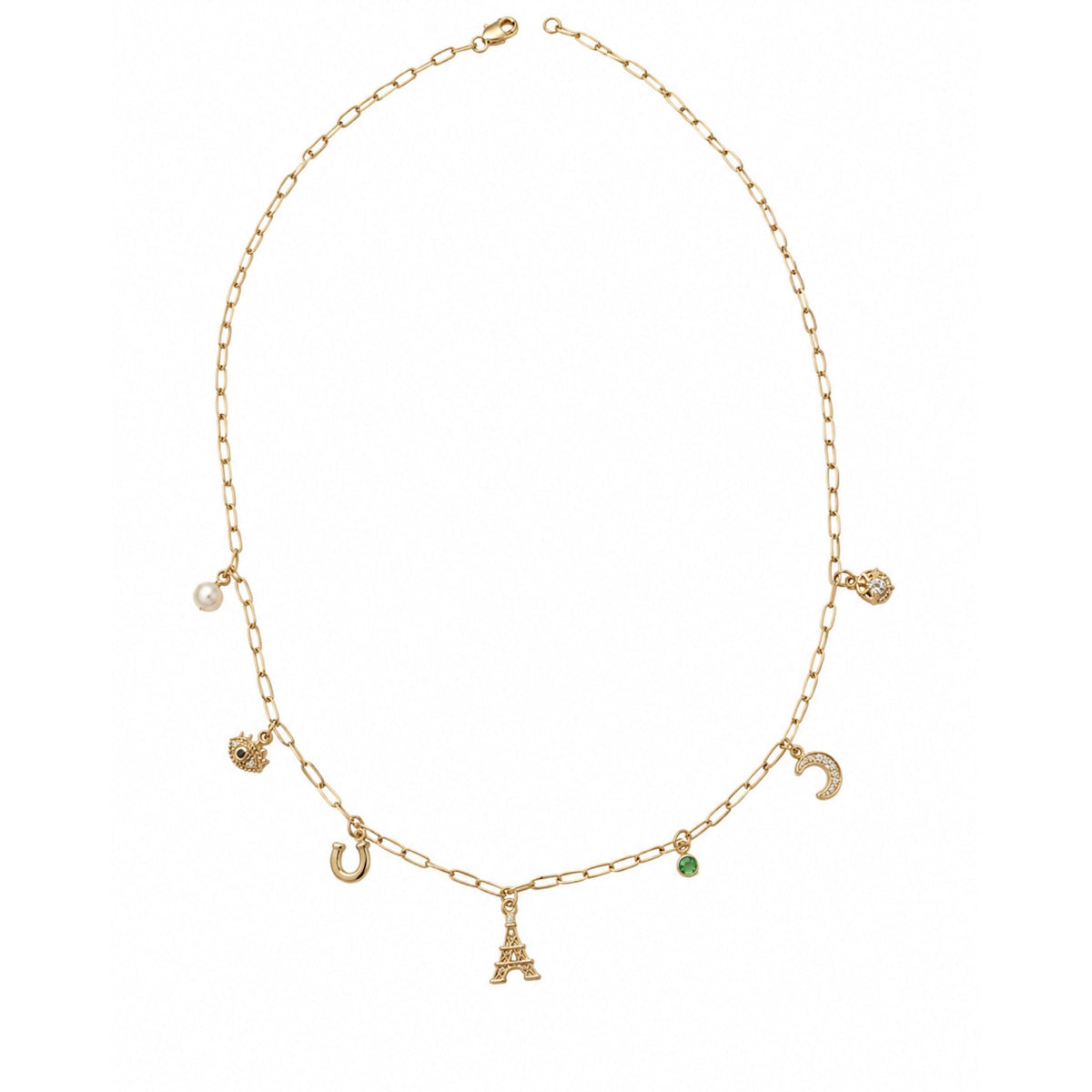 Gold necklace with various charms on a white background