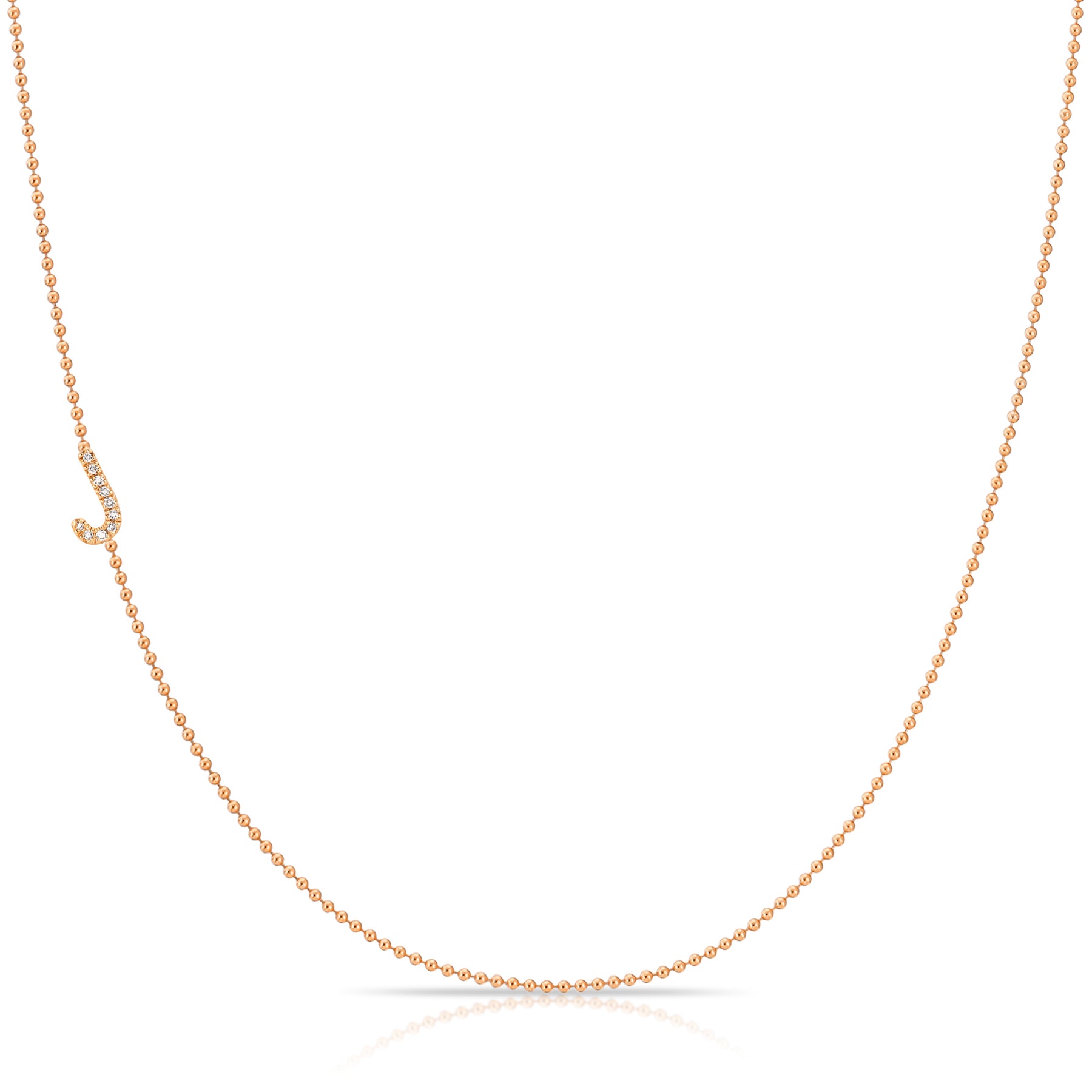 J Pavé Diamond Initial Necklace in 14K Rose Gold on Bead Chain – Maya Brenner