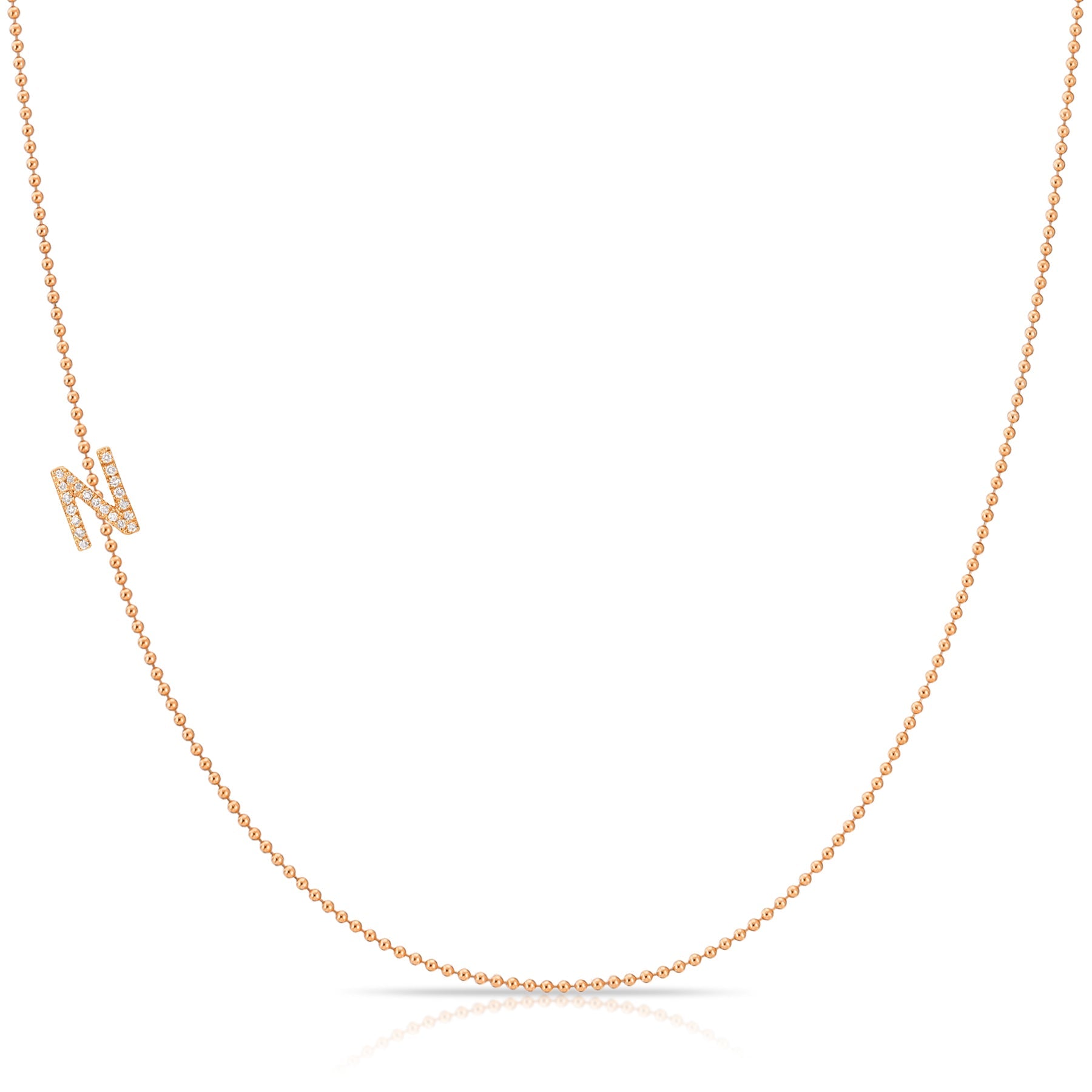 N Pavé Diamond Initial Necklace in 14K Rose Gold on Bead Chain – Maya Brenner