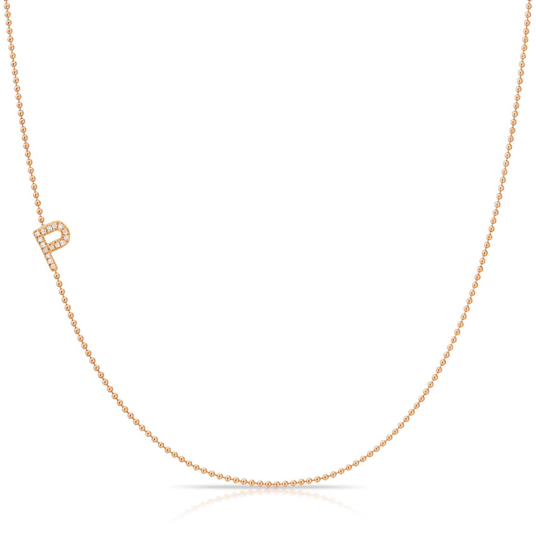 Pavé Diamond Initial Necklace by Maya Brenner – P in 14K Rose Gold on a Bead Chain