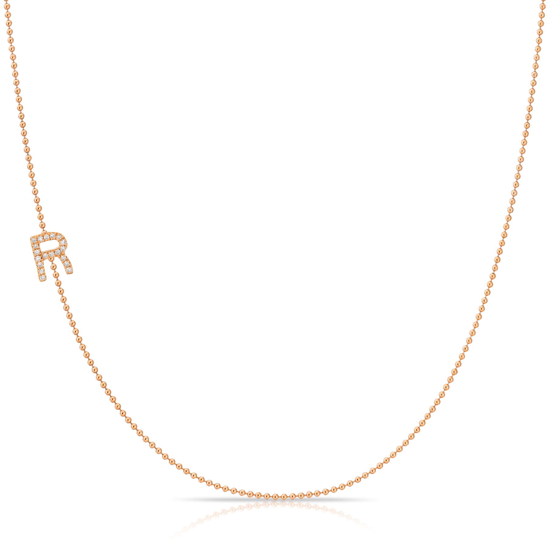 Maya Brenner Pavé Diamond Initial Necklace – R Charm in 14K Rose Gold, Bead Chain
