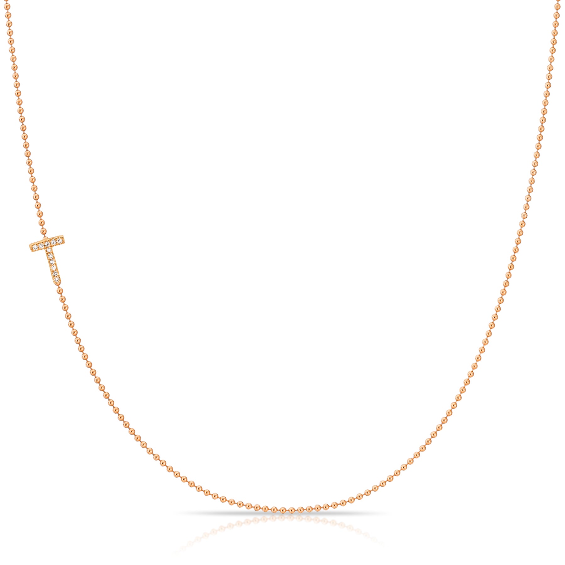 Maya Brenner Pavé Diamond Initial Necklace – T Charm in 14K Rose Gold, Bead Chain