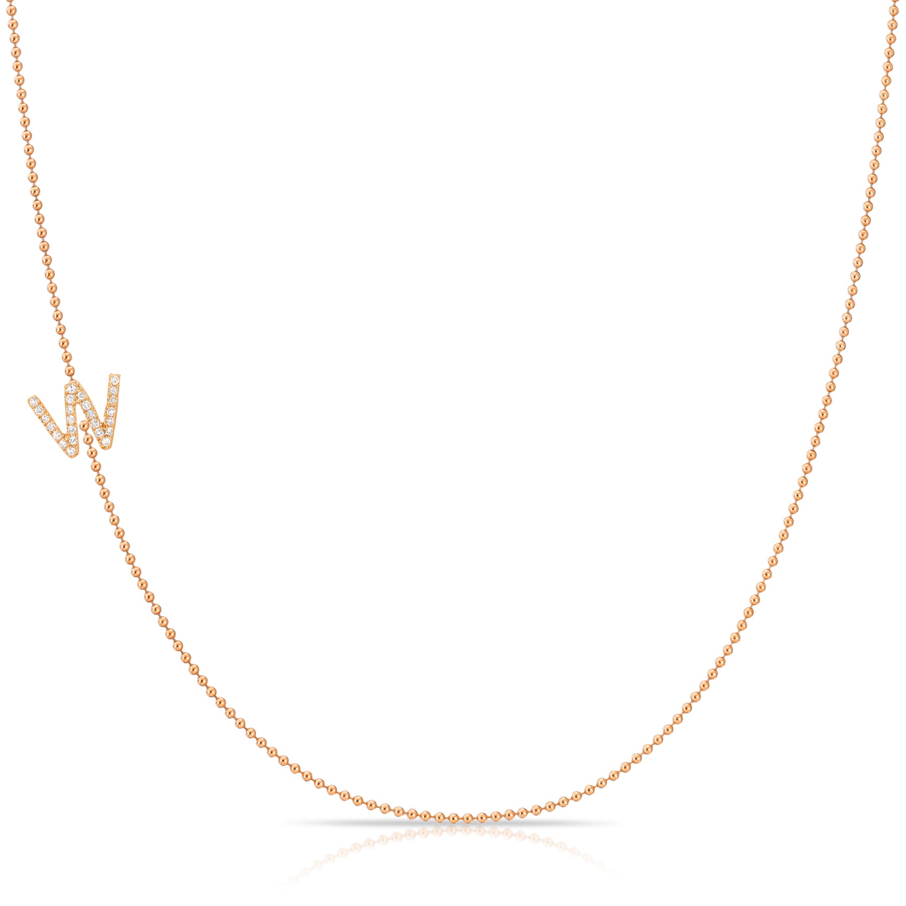 W Pavé Diamond Initial Necklace in 14K Rose Gold on Bead Chain – Maya Brenner