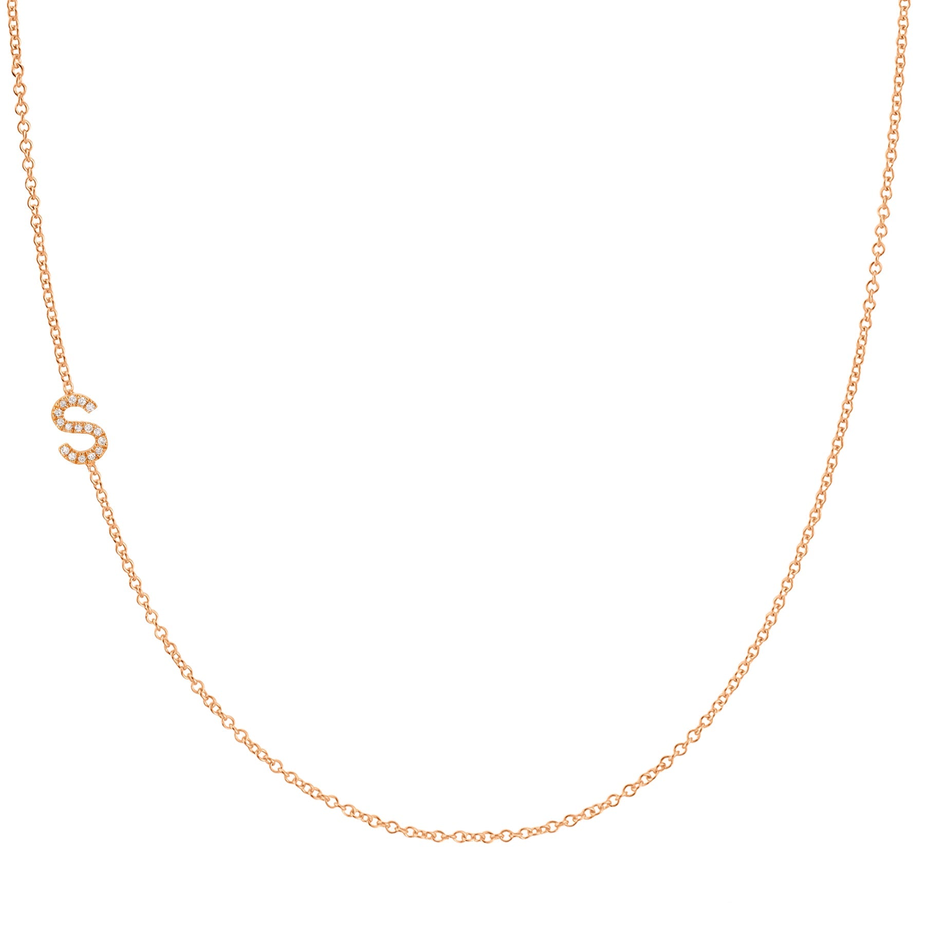 Maya Brenner Pavé Diamond Initial Necklace – S Charm in 14K Rose Gold, Cable Chain