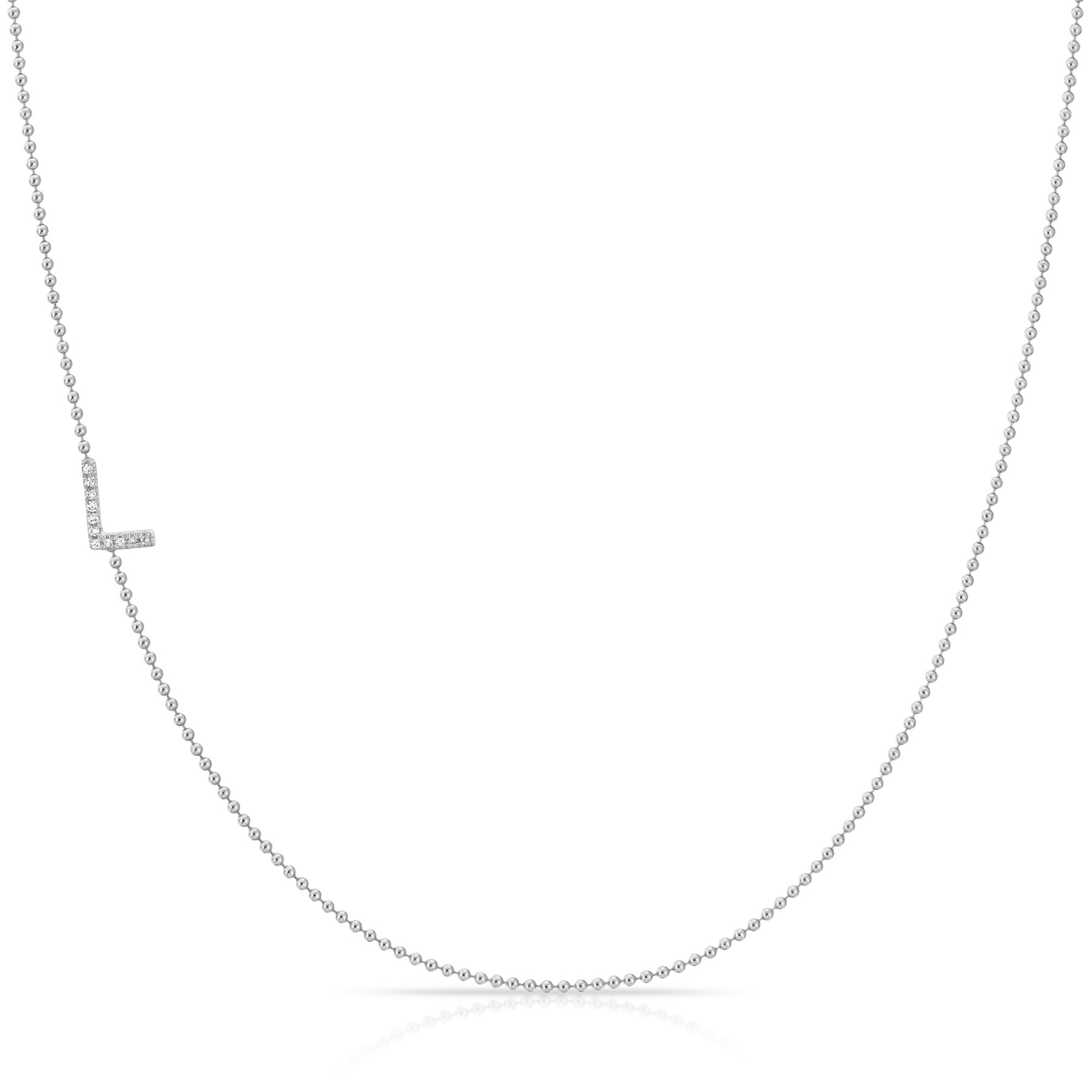 Pavé Diamond Initial Necklace by Maya Brenner – L in 14K White Gold on a Bead Chain