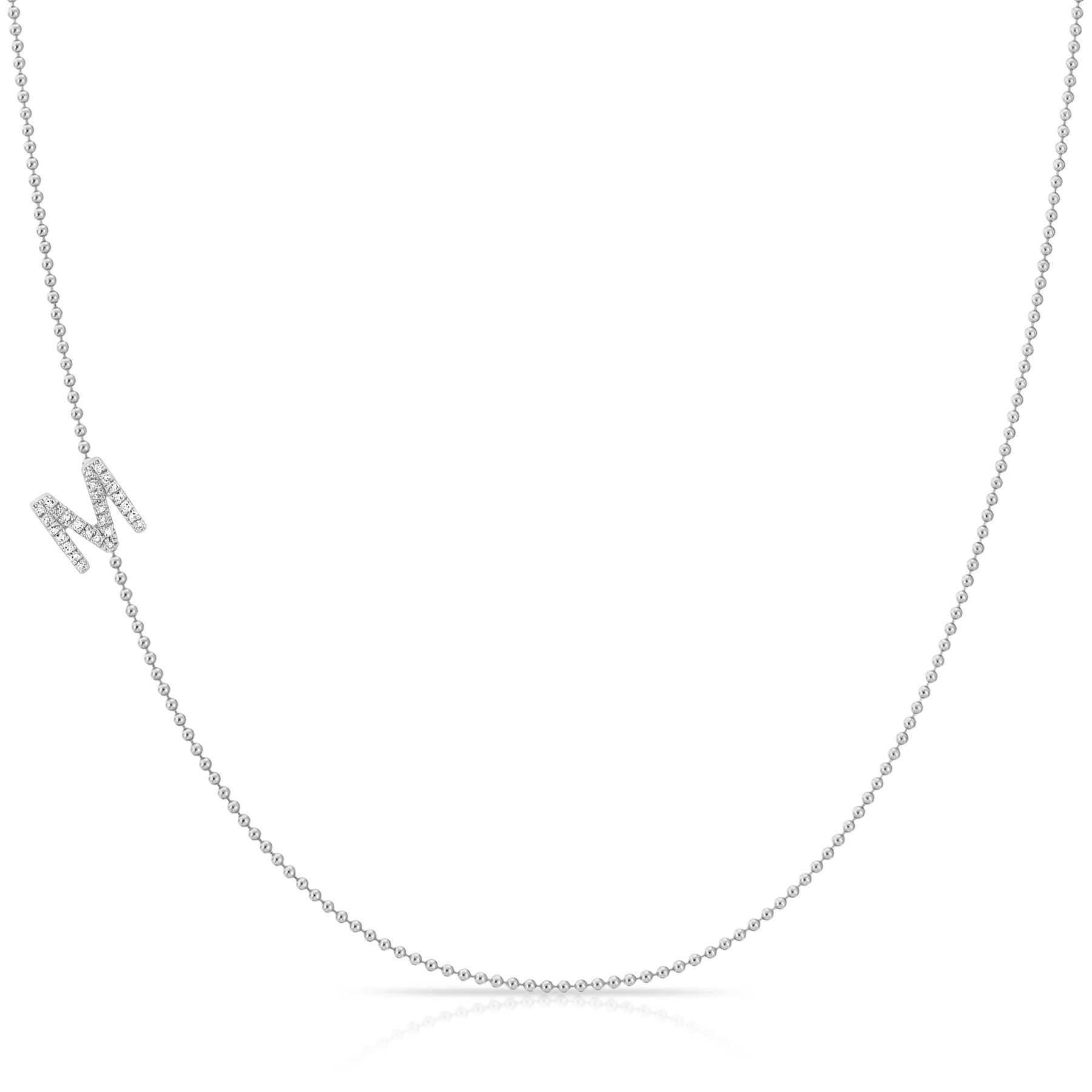 Pavé Diamond Initial Necklace by Maya Brenner – M in 14K White Gold on a Bead Chain