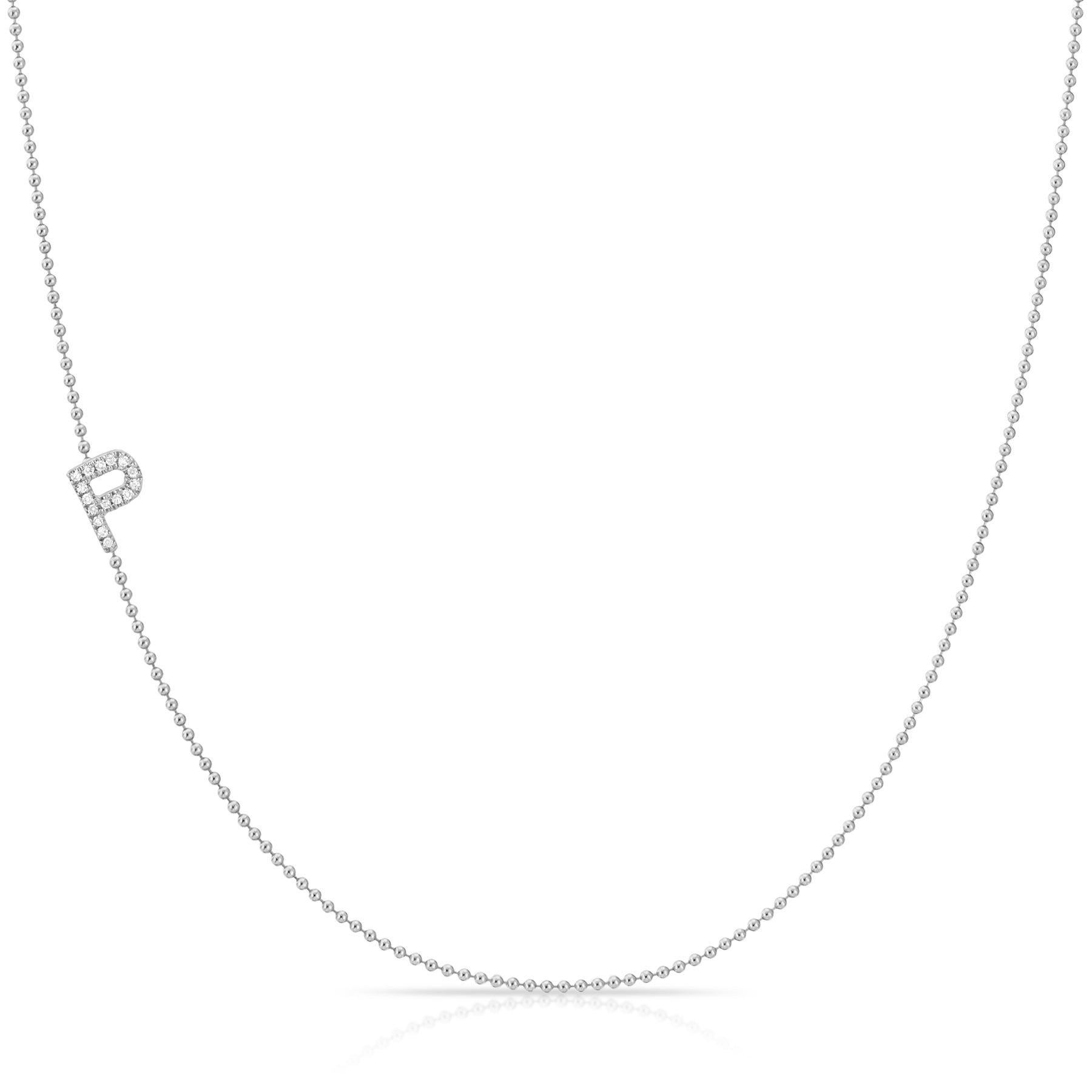 P Pavé Diamond Initial Necklace in 14K White Gold on Bead Chain – Maya Brenner