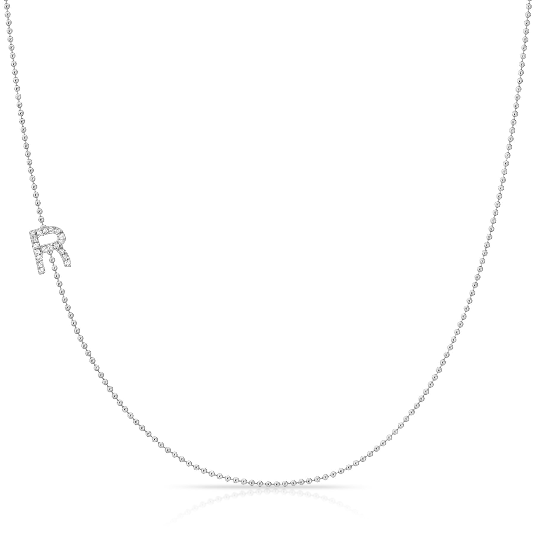 14K White Gold Pavé Diamond Initial Necklace, Letter R – Bead Chain | Maya Brenner